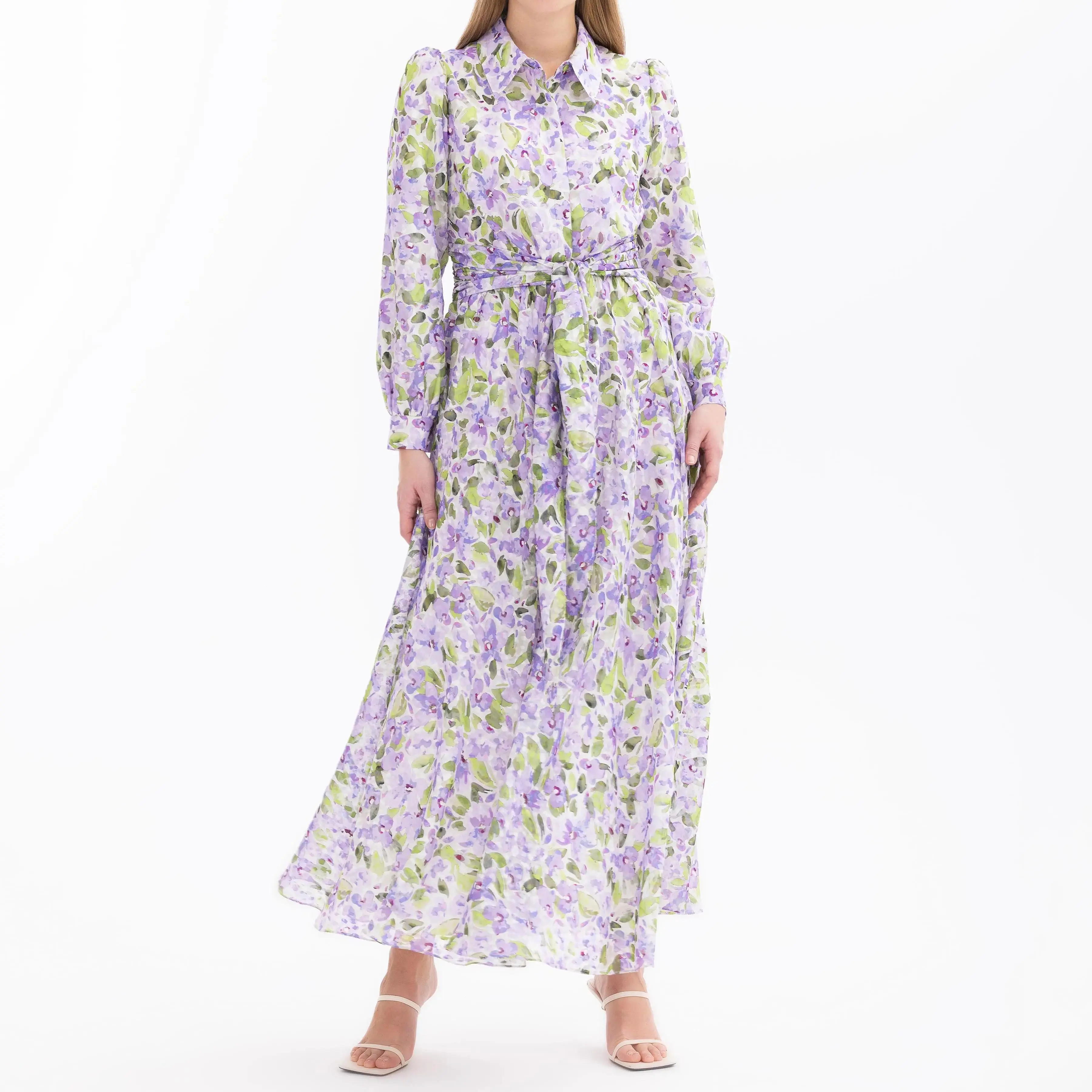 Custom Flower Patterned Long Sleeve Dress