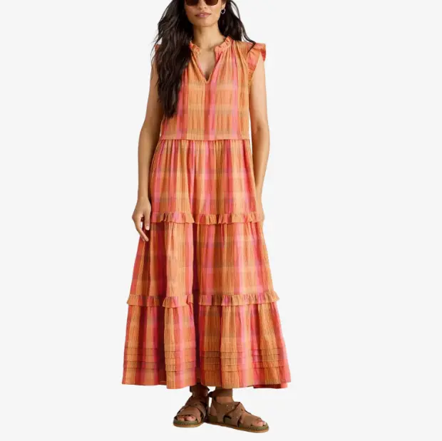 Factory Custom Sleeveless Tiered Plaid Midi Dress with Ruffled Details
