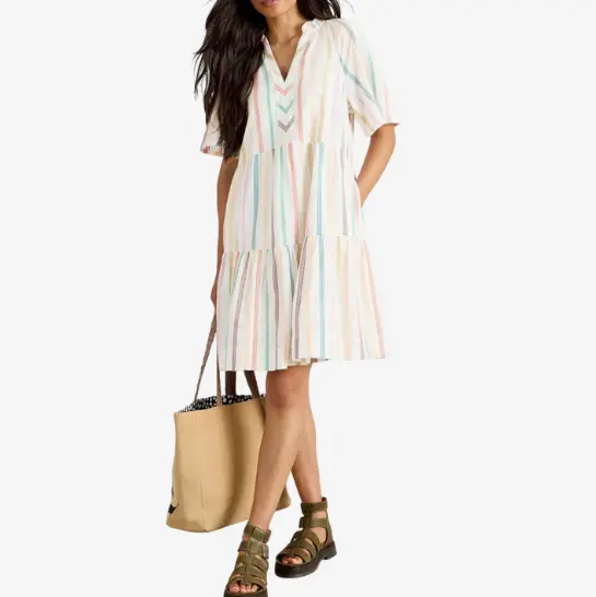 Factory Custom Women's Short - Sleeve Striped Tiered Dress