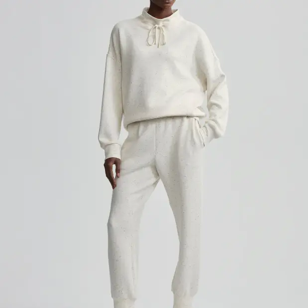 Off - White Speckled Mock - Neck Drawstring Sweatshirt and Matching Pant Set