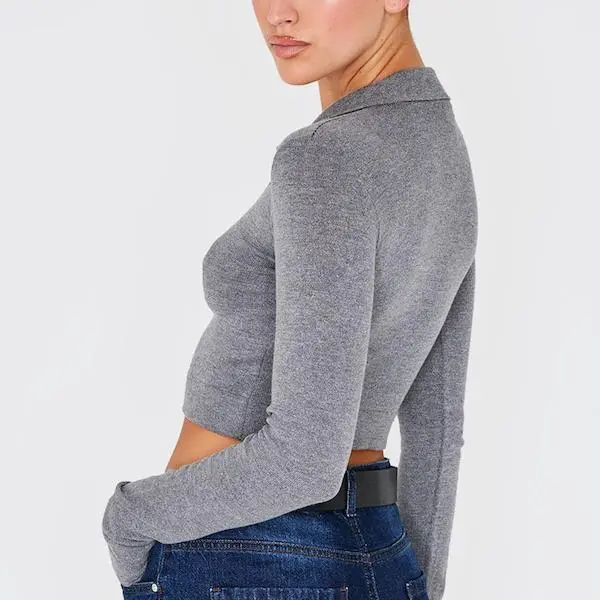 Custom women Charcoal Soft Knit Button Up Polo Top.jpg