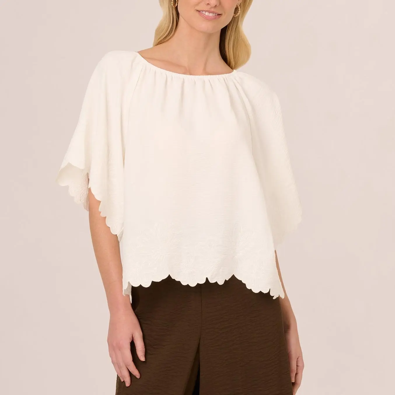 Custom Boat Neck Short Sleeve Scallop Edge Top