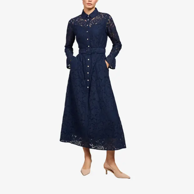 Factory Custom Navy Blue Long - Sleeved Lace Button - Front Belted Women's Dress