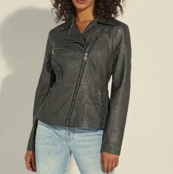 Women's Black Asymmetric Zip Leather Biker Jacket