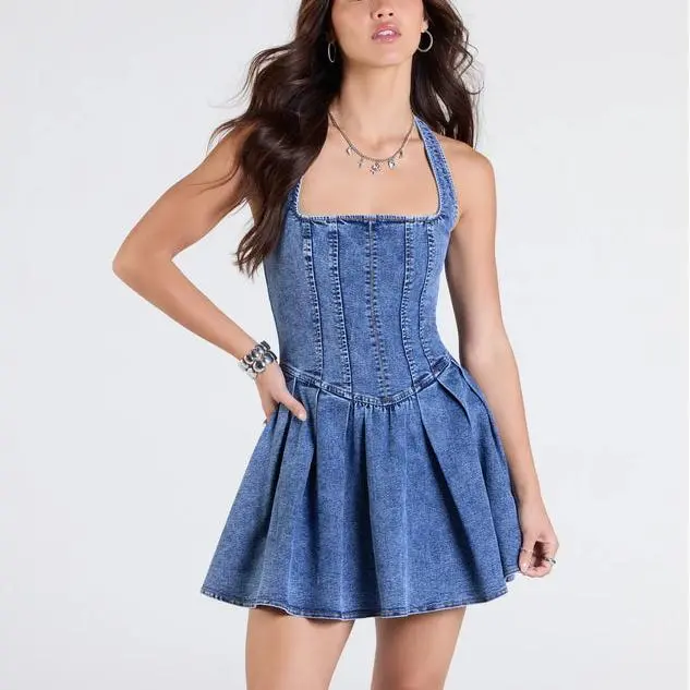 OEM custom women Darling Charm Halter Pleated Denim Dress