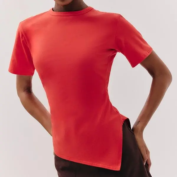 Women custom Red Cotton Ruched Side Asymmetric Hem T-shirt
