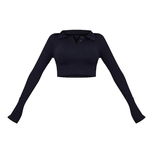 Factory custom women Black Contour Rib Button Collar Long Sleeve Crop Top.jpg