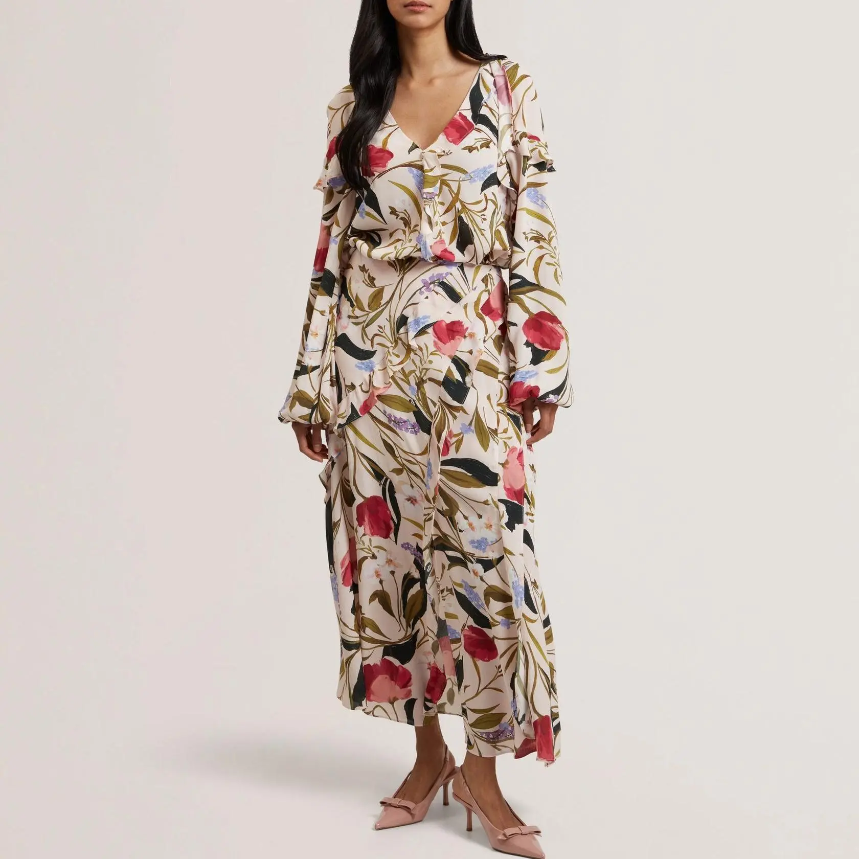 Custom Floral Print Frill Trim Midi Skirt With Split