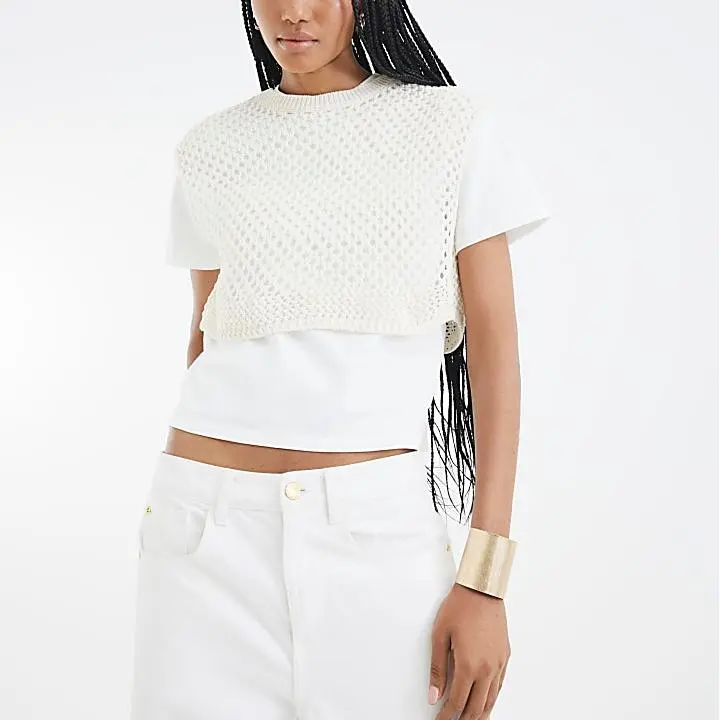 Custom Cream Crochet Overlay T-shirt