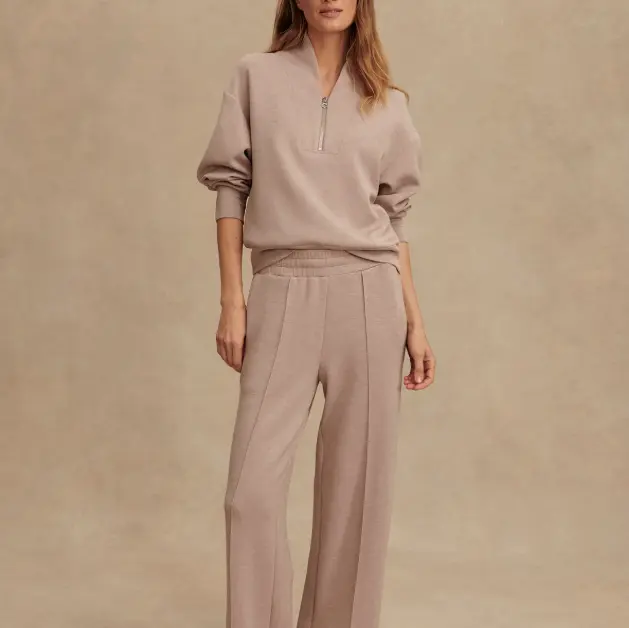 Beige Quarter - Zip Pullover and Wide - Leg Pants Set