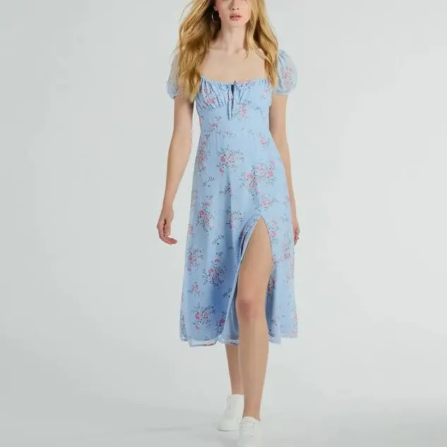 OEM Women Puff Sleeve Midi office elegant printing Floral Chiffon Dress