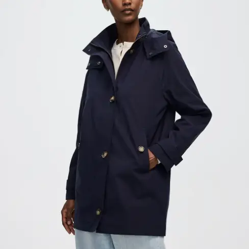 Navy Blue Hooded Trench - style Coat