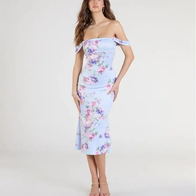 Custom 2025 Latest Design Special Something Off-The-Shoulder Floral Midi Dress