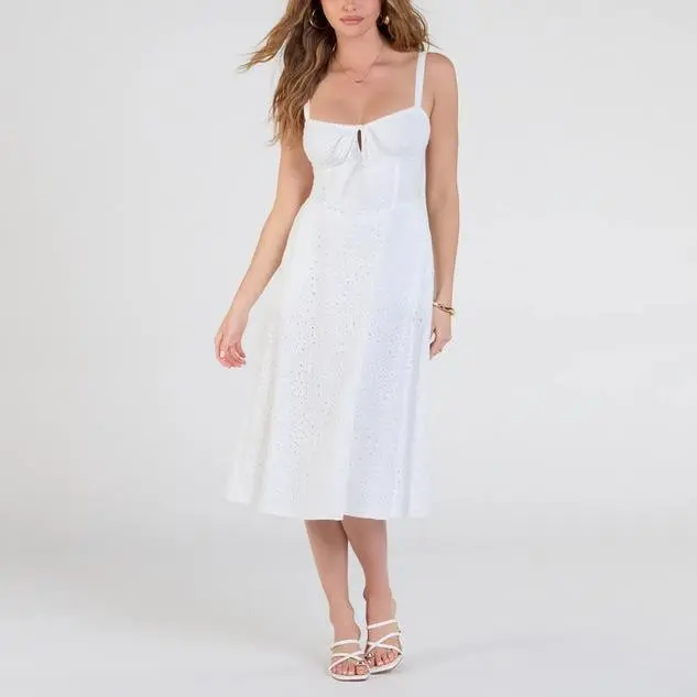 Custom 2025 Summer Sunny Staple Square Neck Eyelet midi formal dresses for women