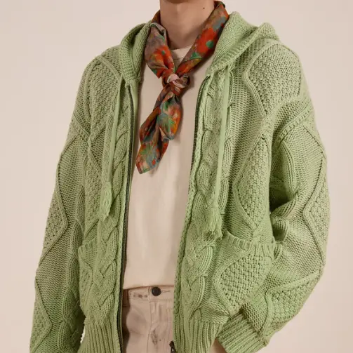 Light Green Cable - Knit Hooded Zip - Up Cardigan