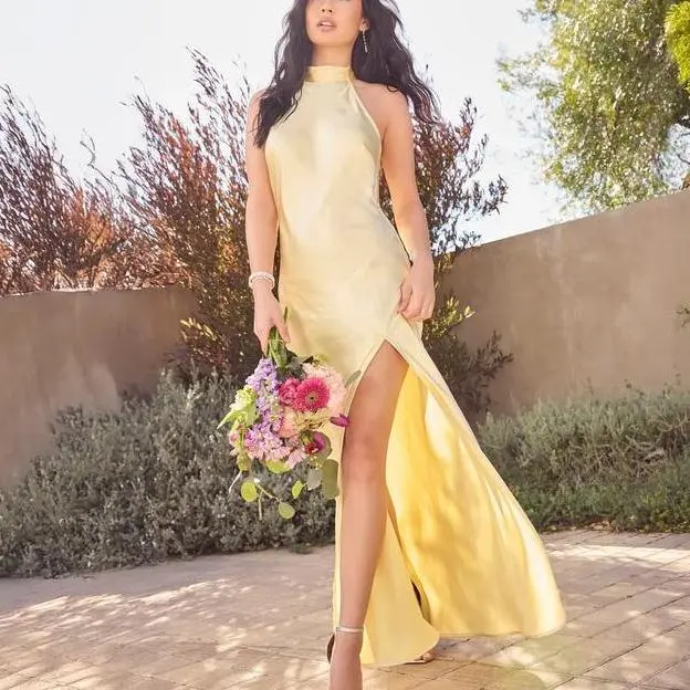 Hot sell OEM custom women Halter Open Back Slit Satin long Dress