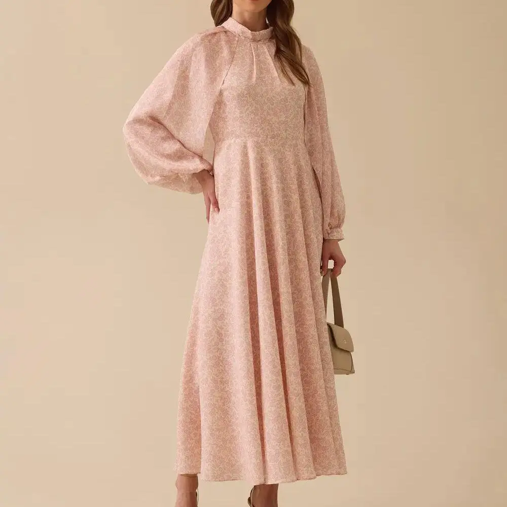 manufacture factory custom high collar patterned sleeve detailed dress