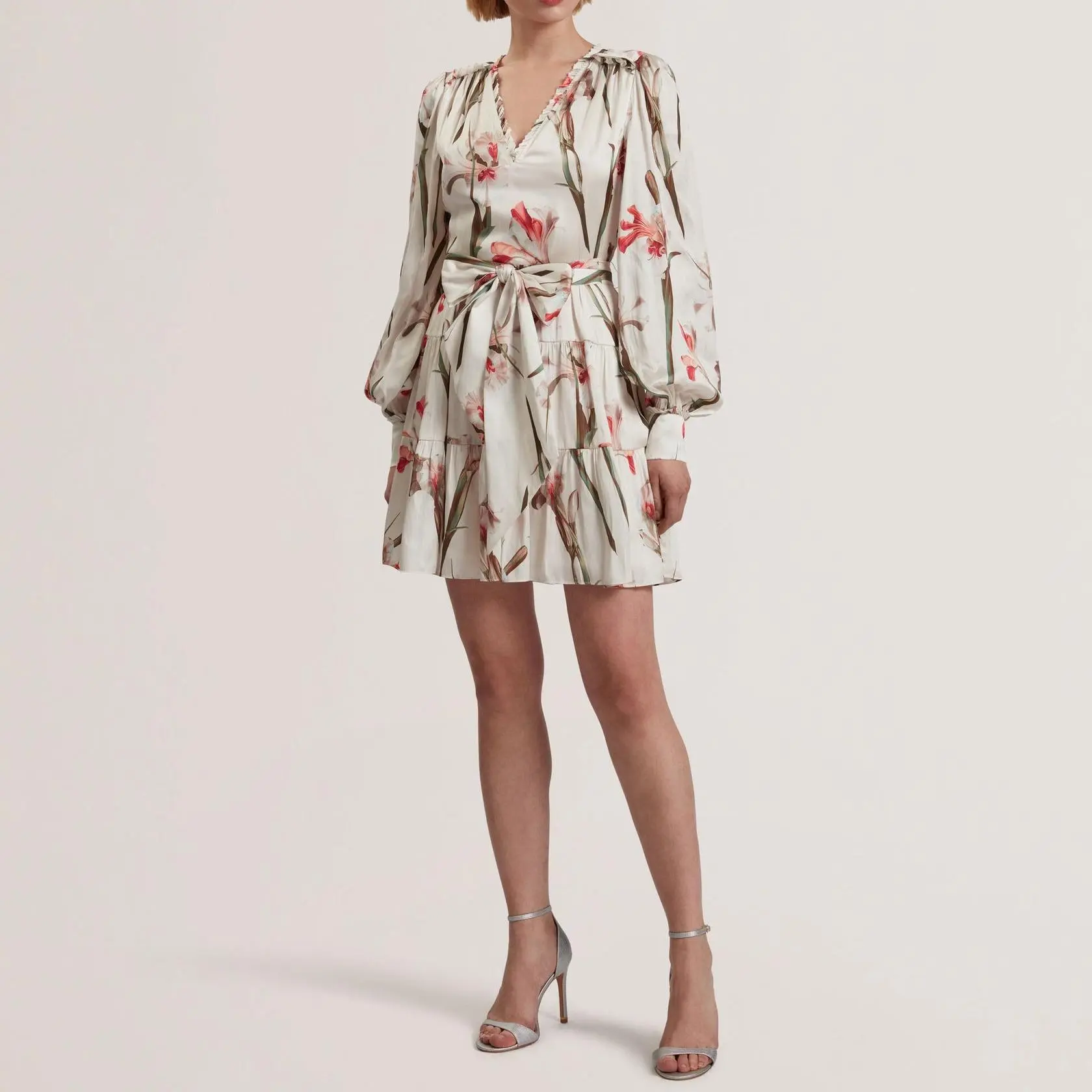 Custom Floral V-Neck Tie Waist Mini Dress