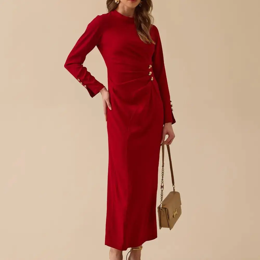 factory custom draped gold button detailed long dress