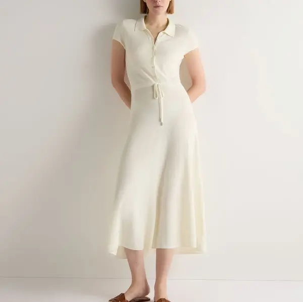 Cream Polo - Style Midi Dress with Drawstring Waist