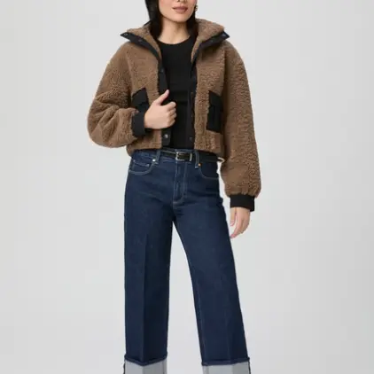 Brown Cropped Teddy Fleece Jacket with Black Accents