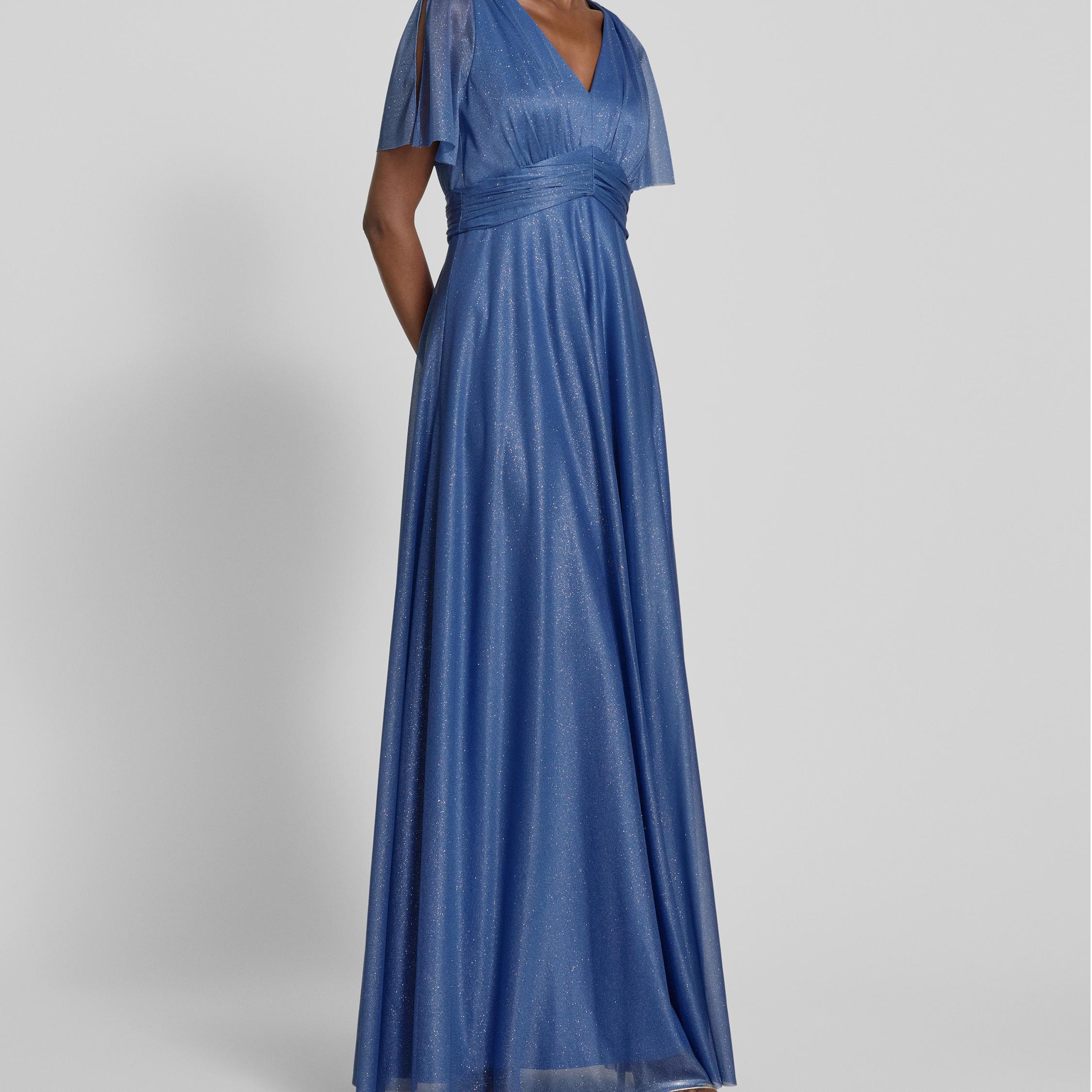 Custom Evening dress with V-neck in blue melange