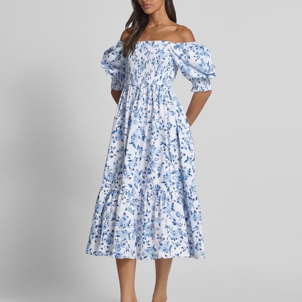 Custom carmen neck blue Midi dress