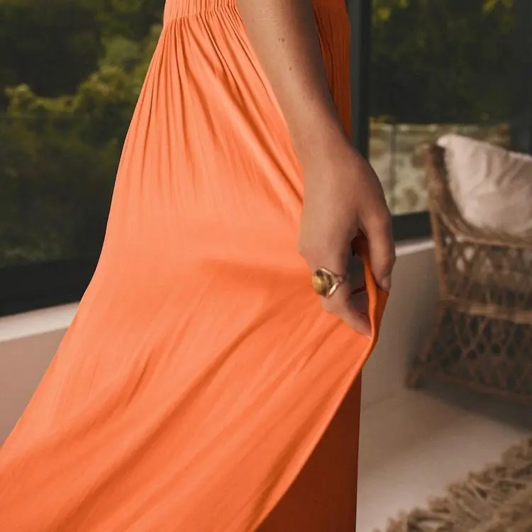 Custom Orange Pleated Satin Maxi Skirt (5).jpg