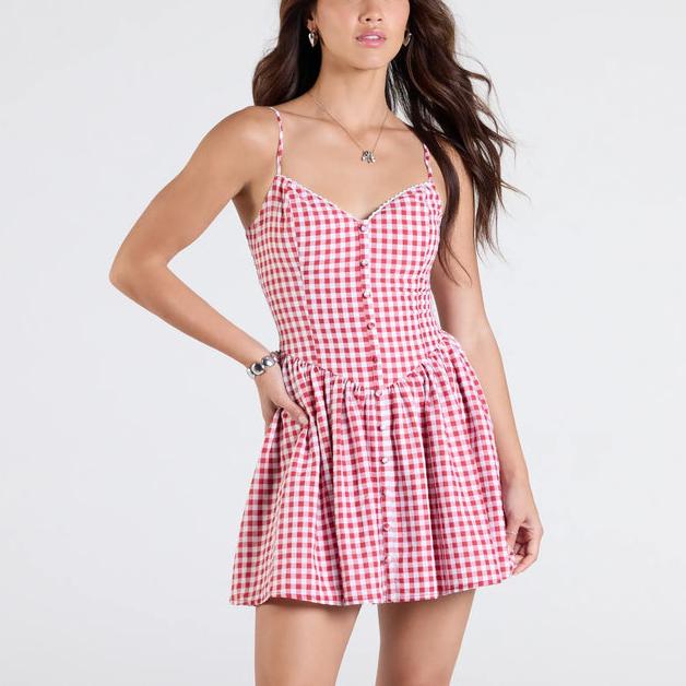 OEM Get Cutesy V-Neck Gingham pink plaid women's clothing dress