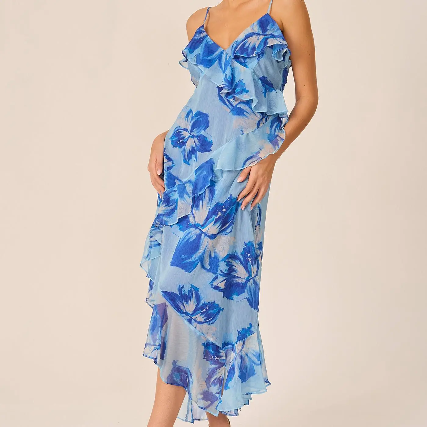 factory custom printed ruffle strap dress