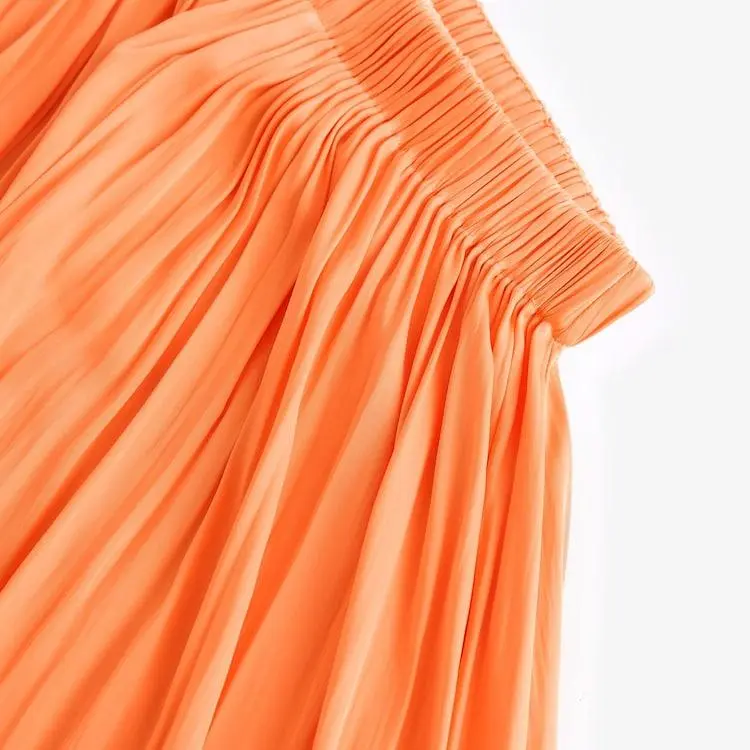 Custom Orange Pleated Satin Maxi Skirt (7).jpg