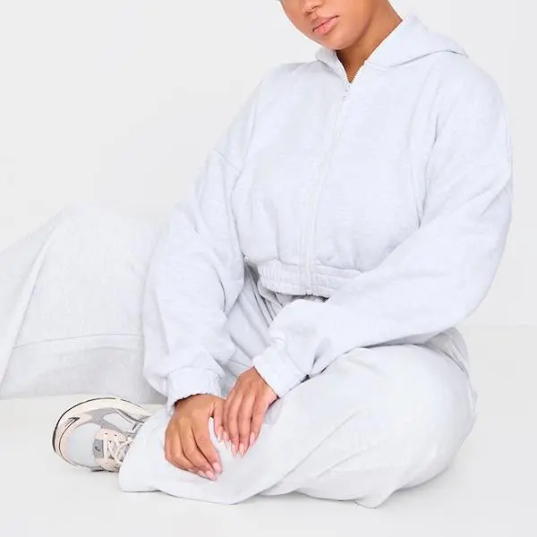Factory custom women Plus Grey Premium Cropped Waist Detail Hoodie.jpg