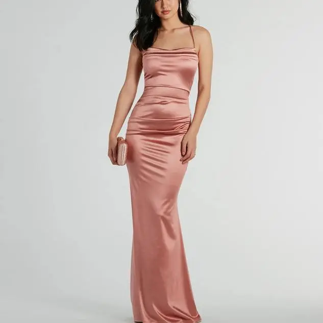 High quality OEM custom women Courteney Cowl Neck Mermaid Satin Formal Dress