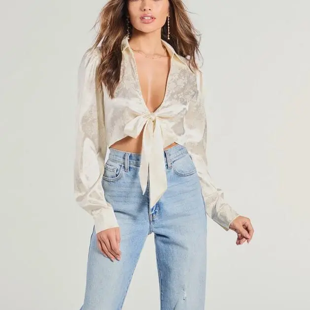 Factory custom Tie-Front crop satin blouses for women