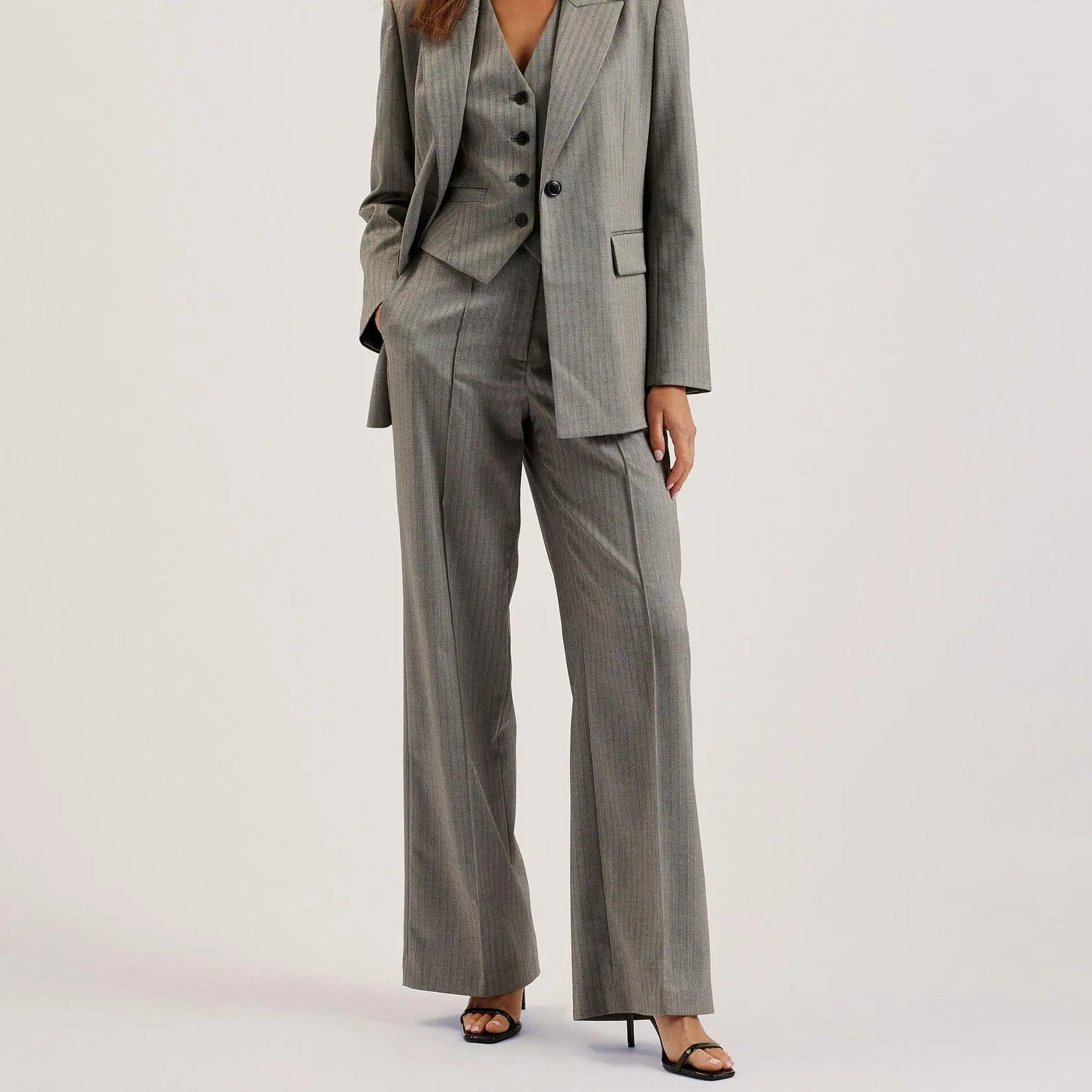 Custom Herringbone Wide Leg Tailored Trousers