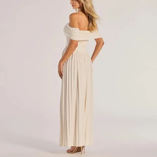 Custom Compelling Romantic Off-The-Shoulder Pleated Maxi women's dresses.jpg
