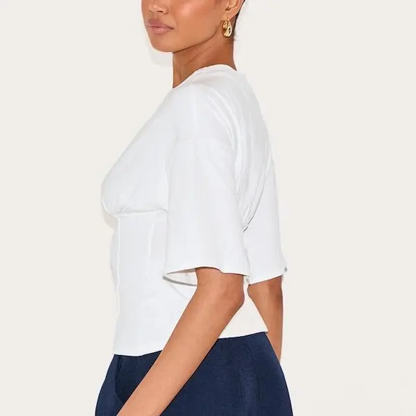Custom women White Ruched Bust Detail Fitted T Shirt.jpg