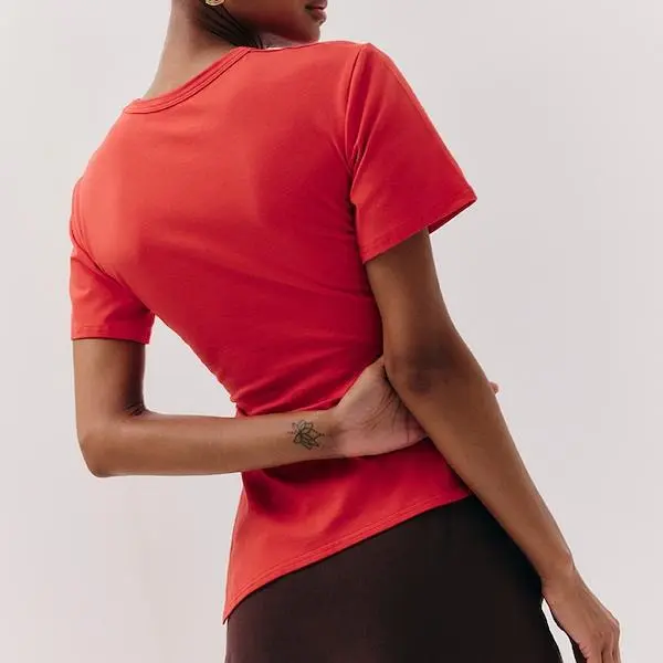 Women custom Red Cotton Ruched Side Asymmetric Hem T-shirt.jpg