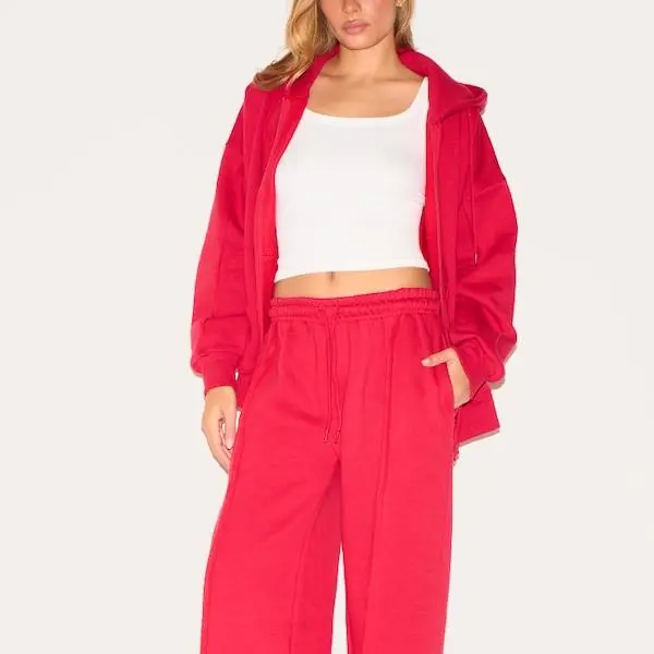 Factory Autumn women Red Oversized Zip Through Seam Detail Hoodie.jpg