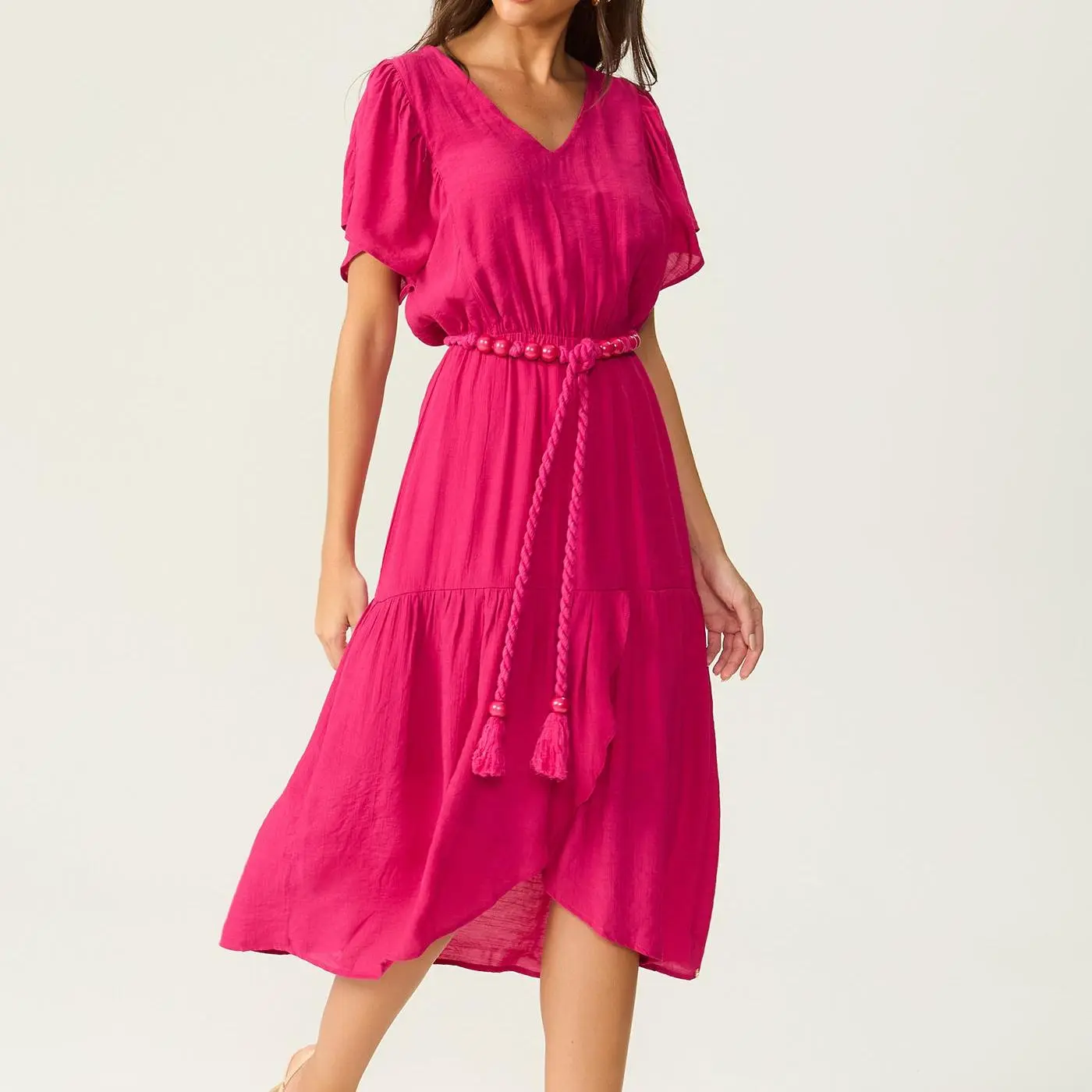 custom Pink V-neck midi dress