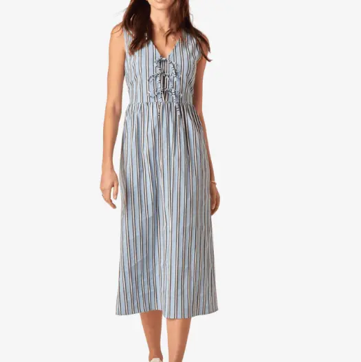 Factory Custom Sleeveless Striped Midi Dress with Lace - up Detail