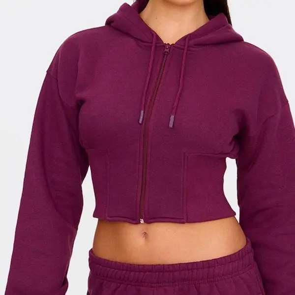 Factory custom women Burgundy Cinched Waist Cropped Zip Up Hoodie.jpg