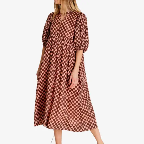 Factory Custom Women's Brown and Pink Checkered Puff - Sleeve Midi Dress