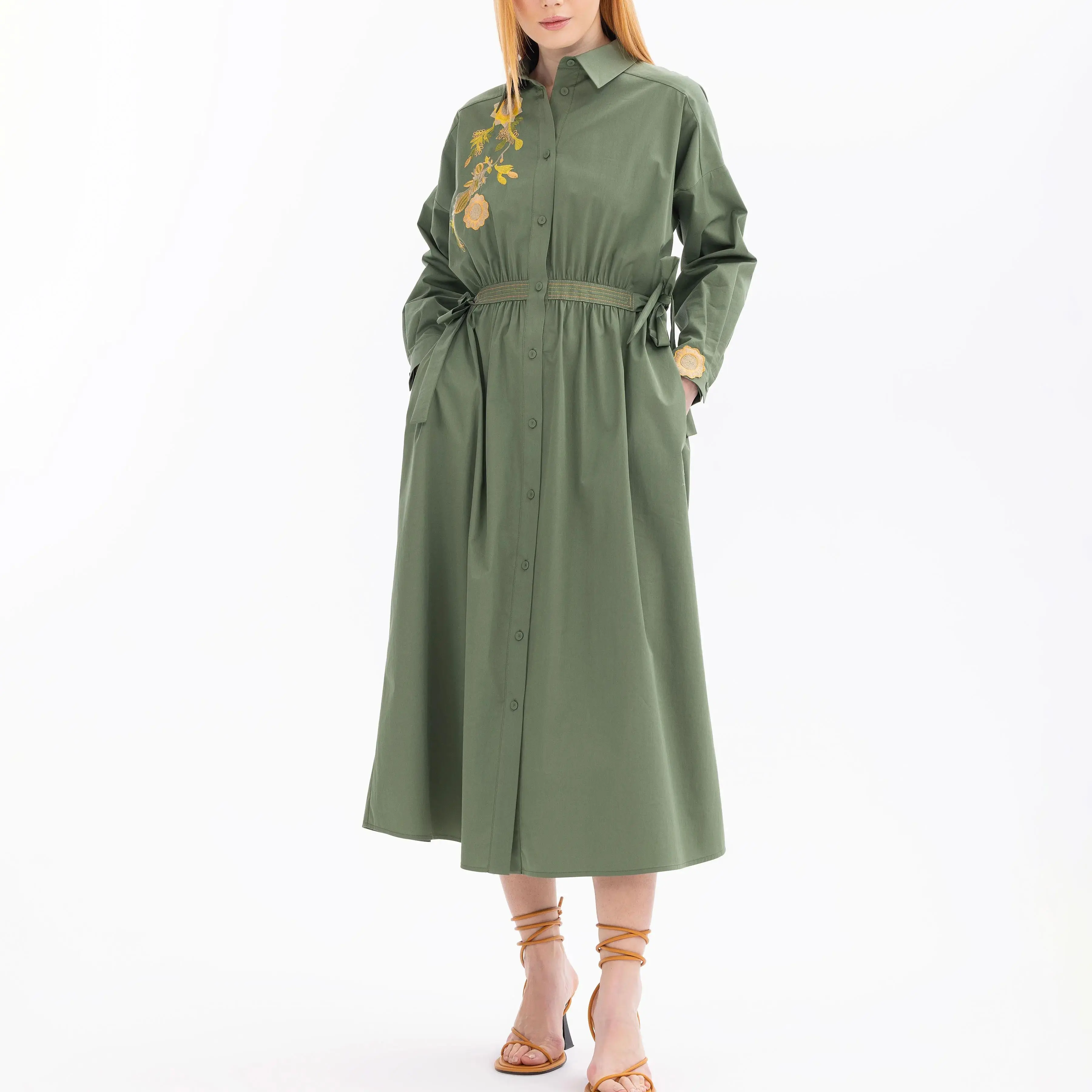 custom embroidered pocket detailed buttoned dress