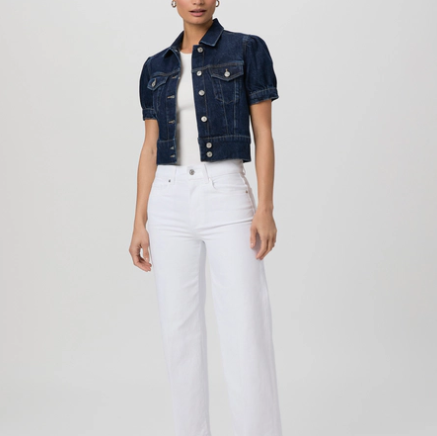 Dark Blue Cropped Denim Jacket with Puff Short Sleeves