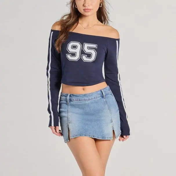 Graphic Off-The-Shoulder Striped Crop Top women t shirts