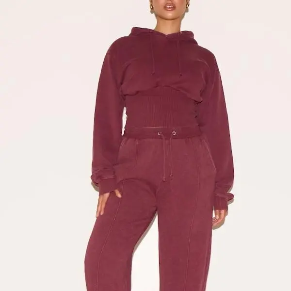 Factory custom women Shape Wine Sweat Cropped Shirred Waist Hoodie.jpg