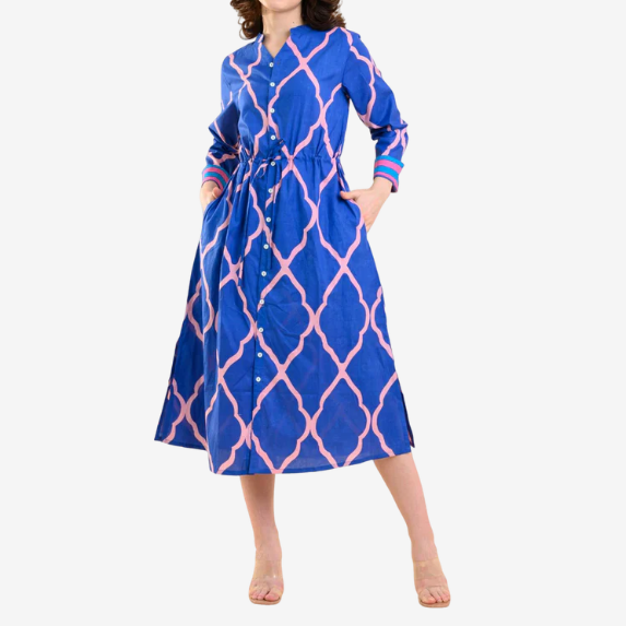 Factory Custom Blue and Pink Geometric - Patterned Long - Sleeved Belted Midi Dress