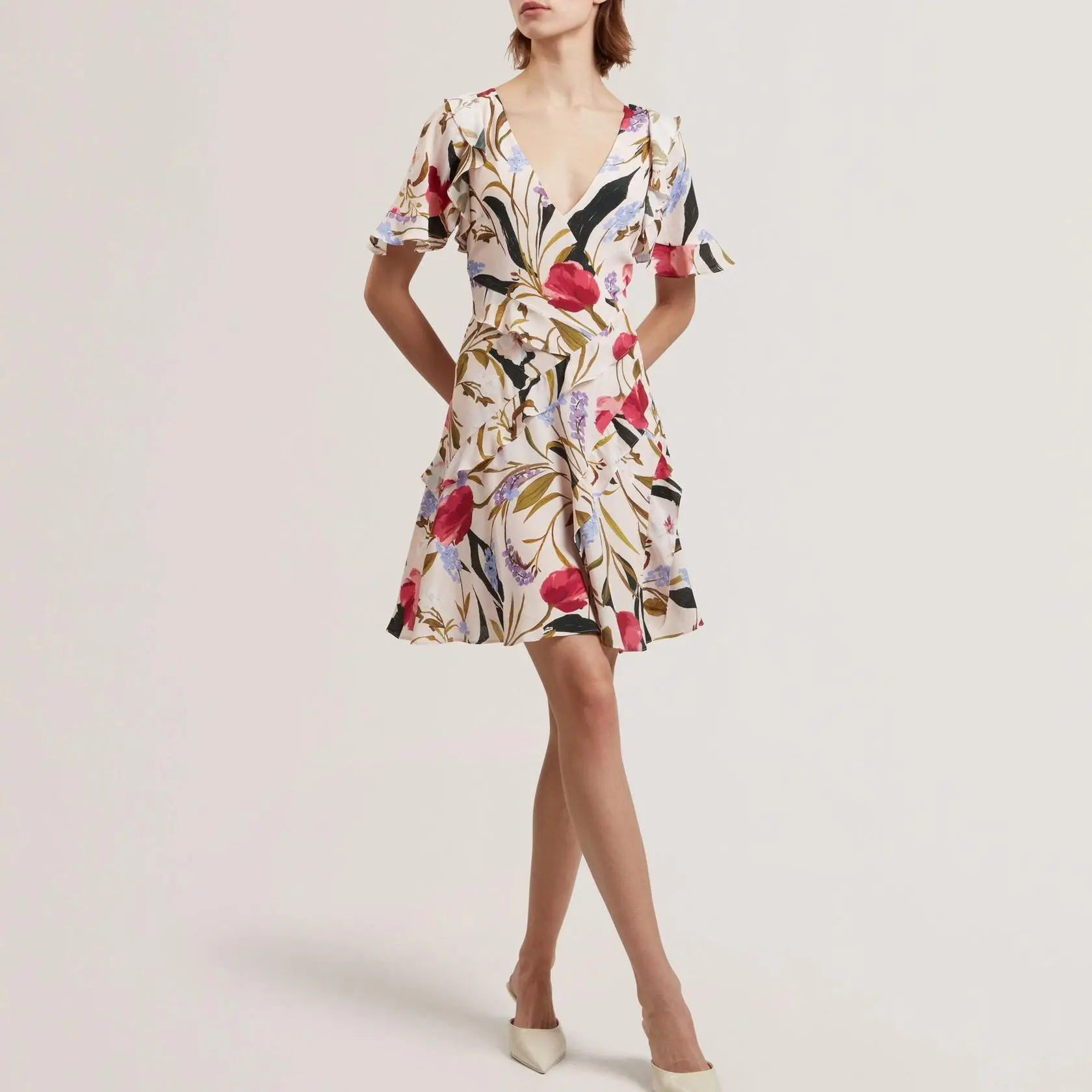 Custom Frill Trim Floral Short Sleeve Mini Dress