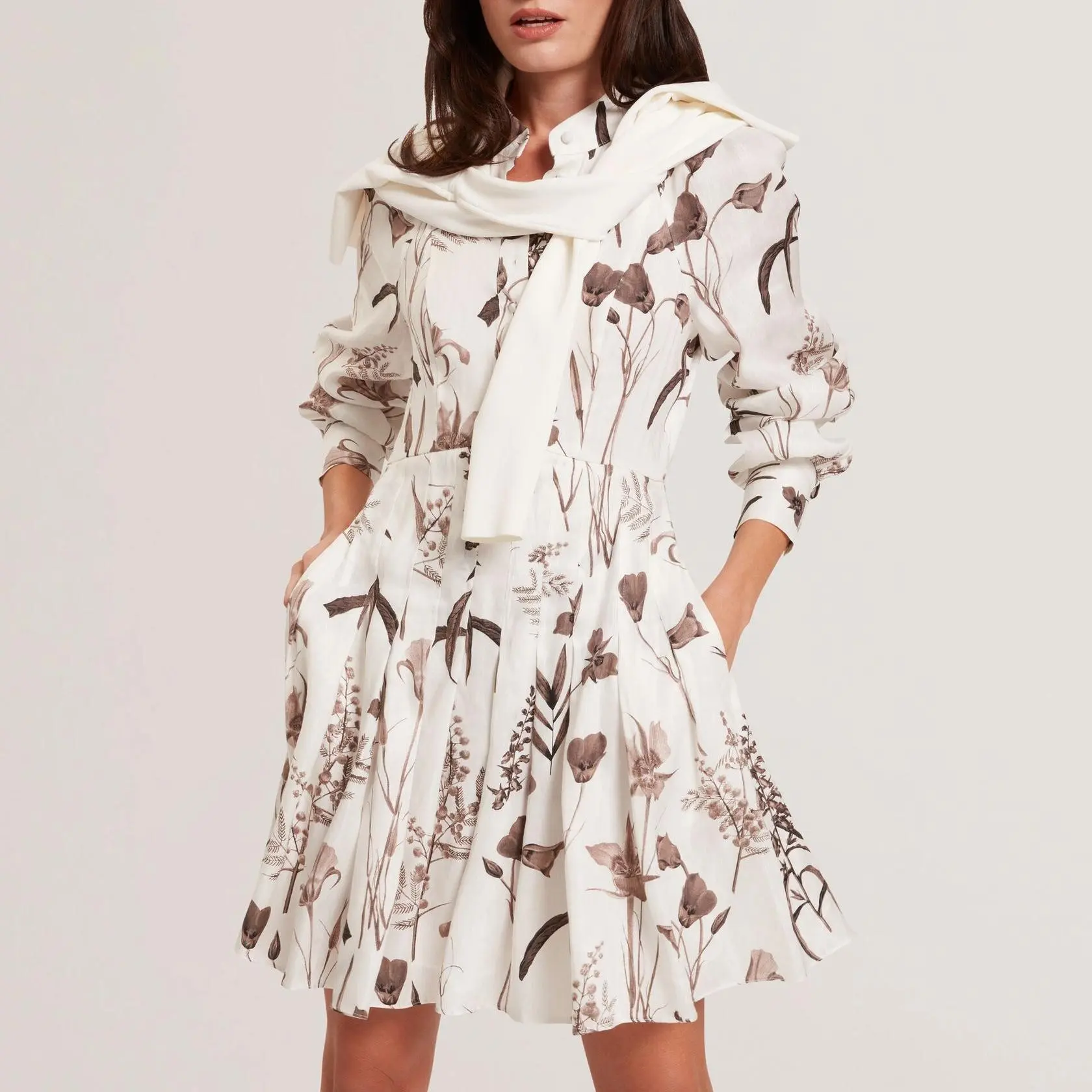 Custom Sepia Print Linen Silk Mini Shirt Dress